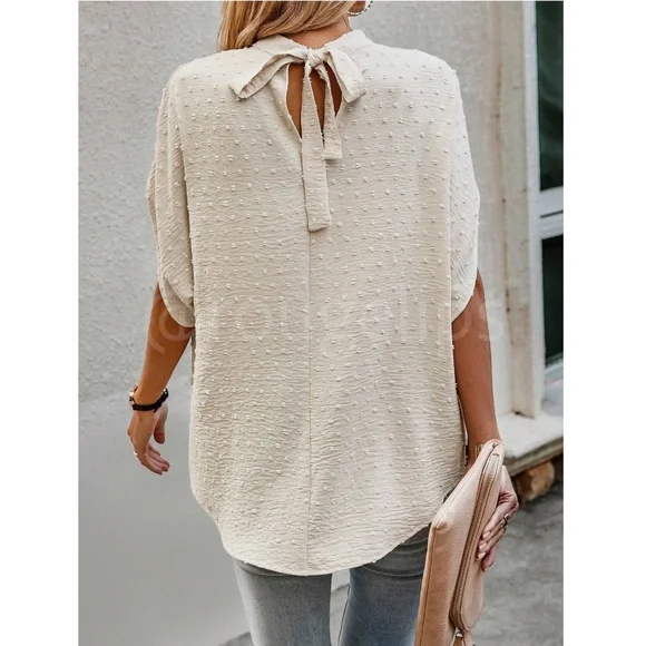 Swiss Dot Beige Blouse Top Flowy, High Neck, Ties - Picture 4 of 7